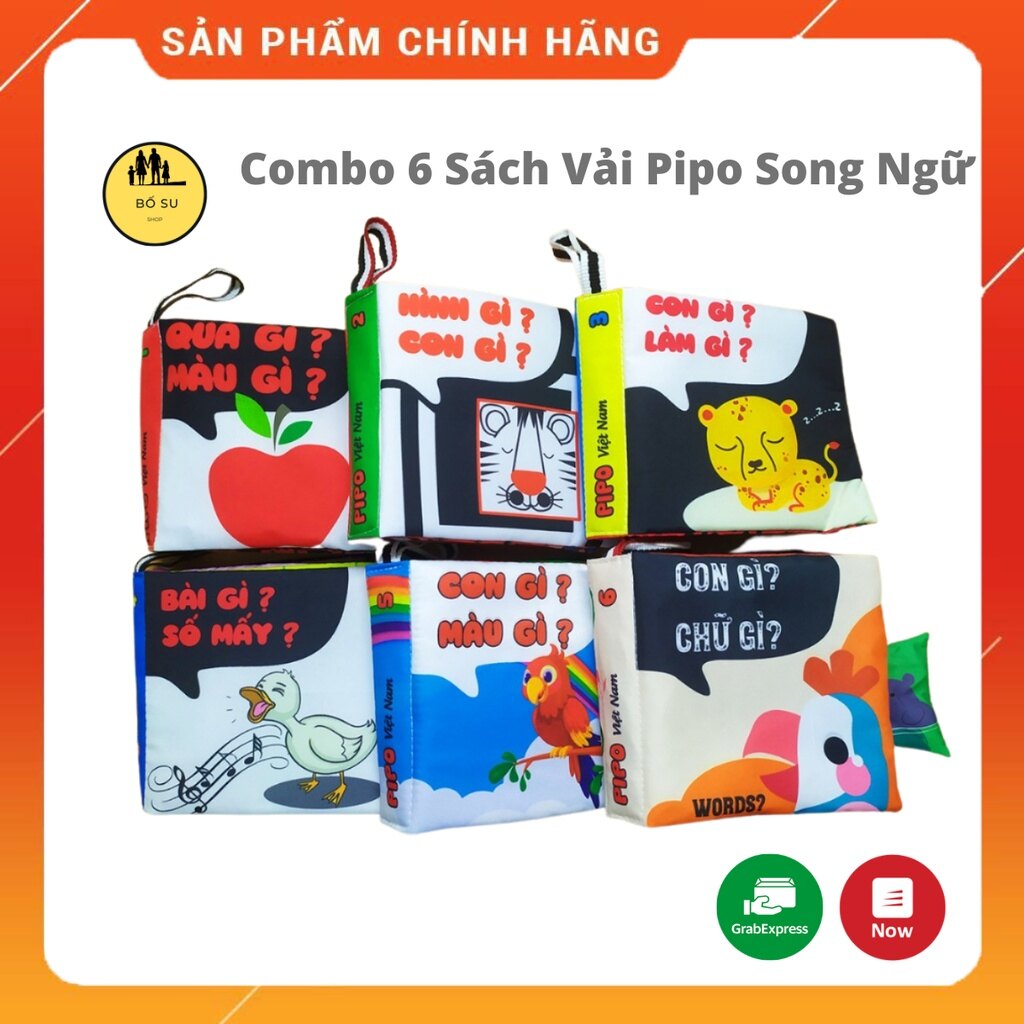 Sách vải cho bé sơ sinh 6 tháng 1 tuổi pipo combo 6 cuốn song ngữ Shop Bố Su