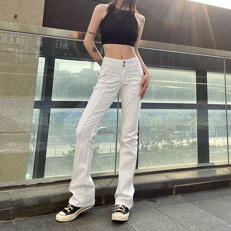 Trang Trí Đường Nét Đơn Giản Quần Ống Loe Hợp Thời Trang, Quần Đường Phố Hai Khóa Vừa Vặn Cạp Vừa Vặn Thường Ngày Cổ Điển Hoang Dã Màu Trơn Cổ Điển
