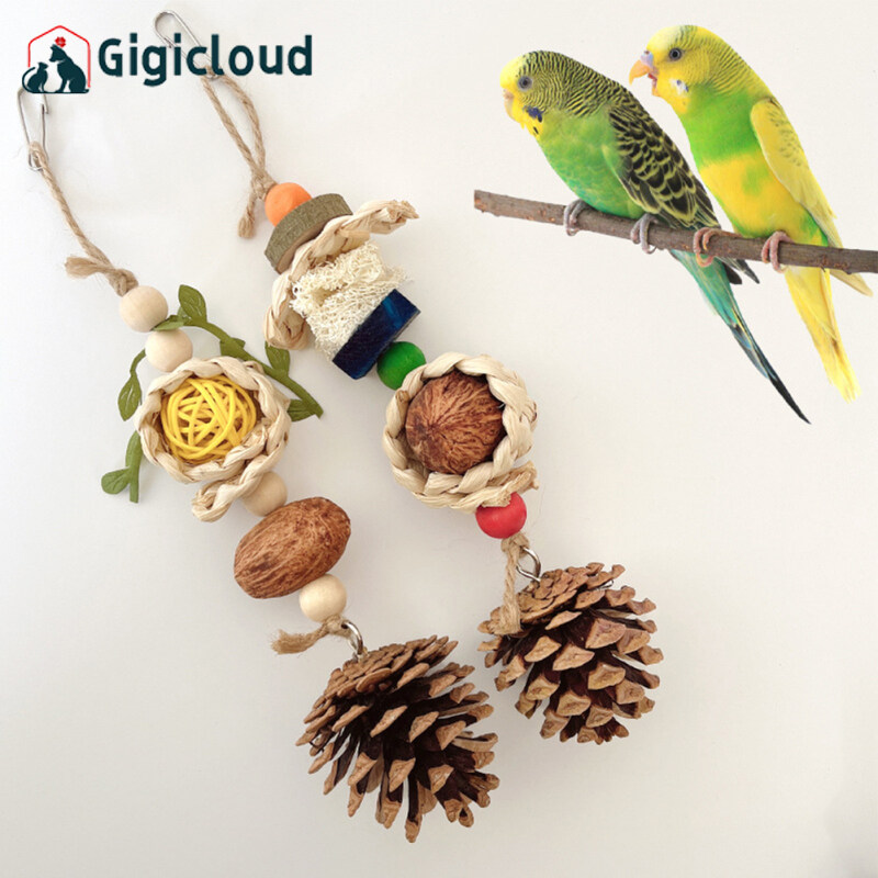 Gigicloud Bird Parrots Chew Toy With Corn Bark Pine Cones Rattan Ball Oral