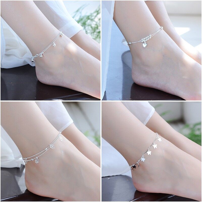 925 silver Double layer Women Anklet Love heart Gelang kaki Accessories Chain Jewelry Gift