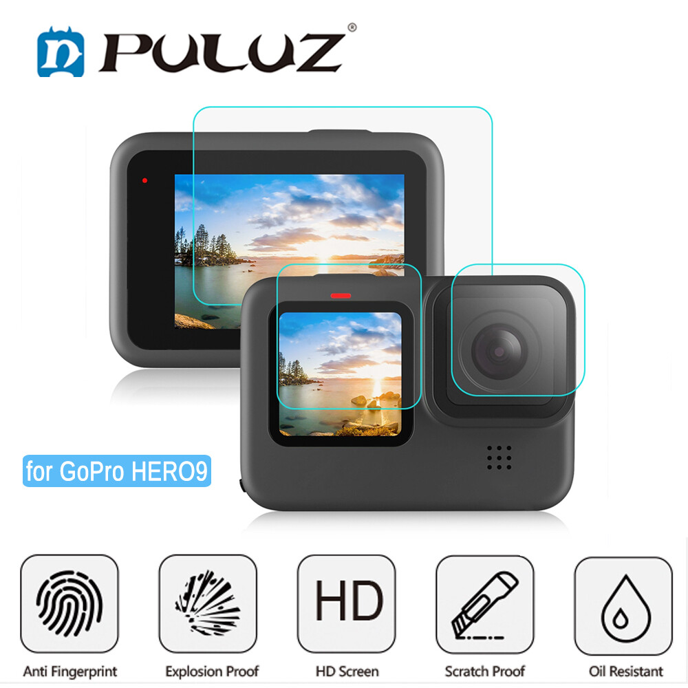 3 Cái PULUZ Cho Gopro HERO 10 Black GoPro9 Ống Kính Đen + Màng Kính Cường Lực Màn Hình LCD