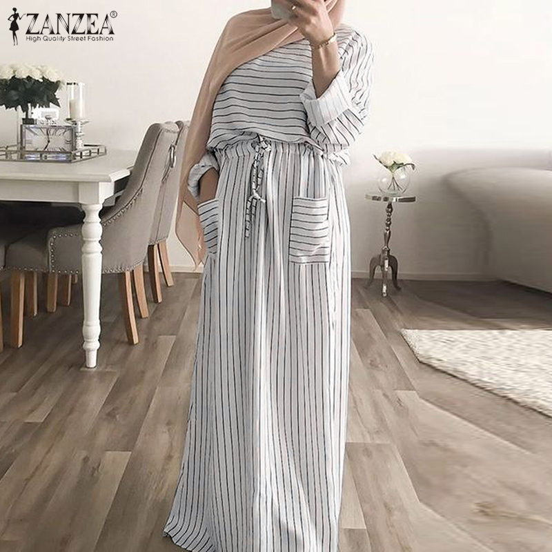 Momonaco zanzea áo kaftan abaya dài tay kẻ sọc hồi giáo cho nữ đầm sơ mi maxi dài eo dây rút #50
