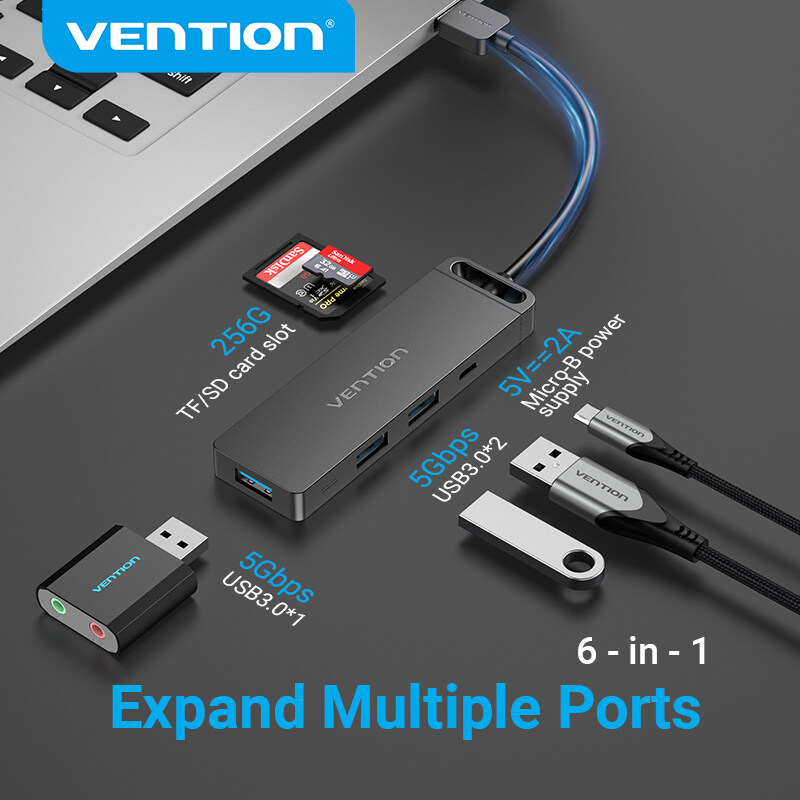 Vention USB 3.0 HUB 5Gbps Hub Chia Cổng USB with TF SD Micro Power Supply Port Adaptor for PC Laptop