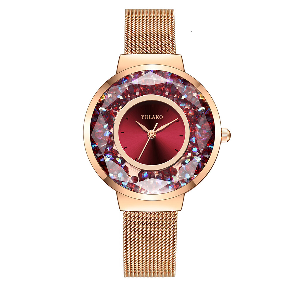 Sóng Hấp Dẫn YOLAKO Phụ Nữ Quicksand Rhinestone Vòng Quay Số Lưới Band Đồng Hồ Đeo Tay Thạch Anh Tương Tự