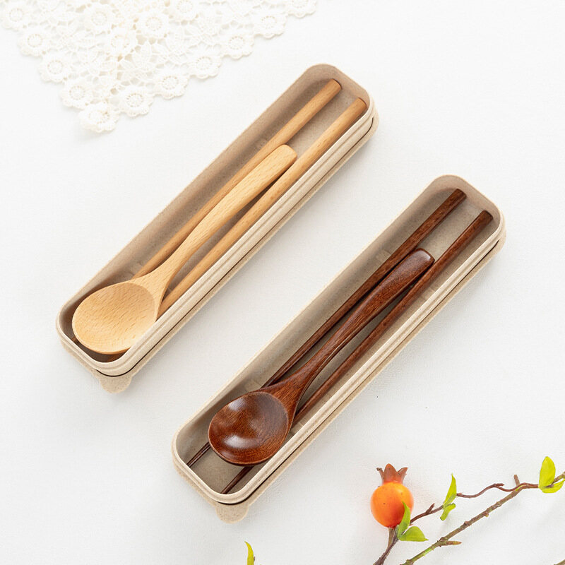 Japanese style portable wooden tableware spoon chopsticks travel suit white-collar lunch wooden tableware wooden chopsticks wooden spoon