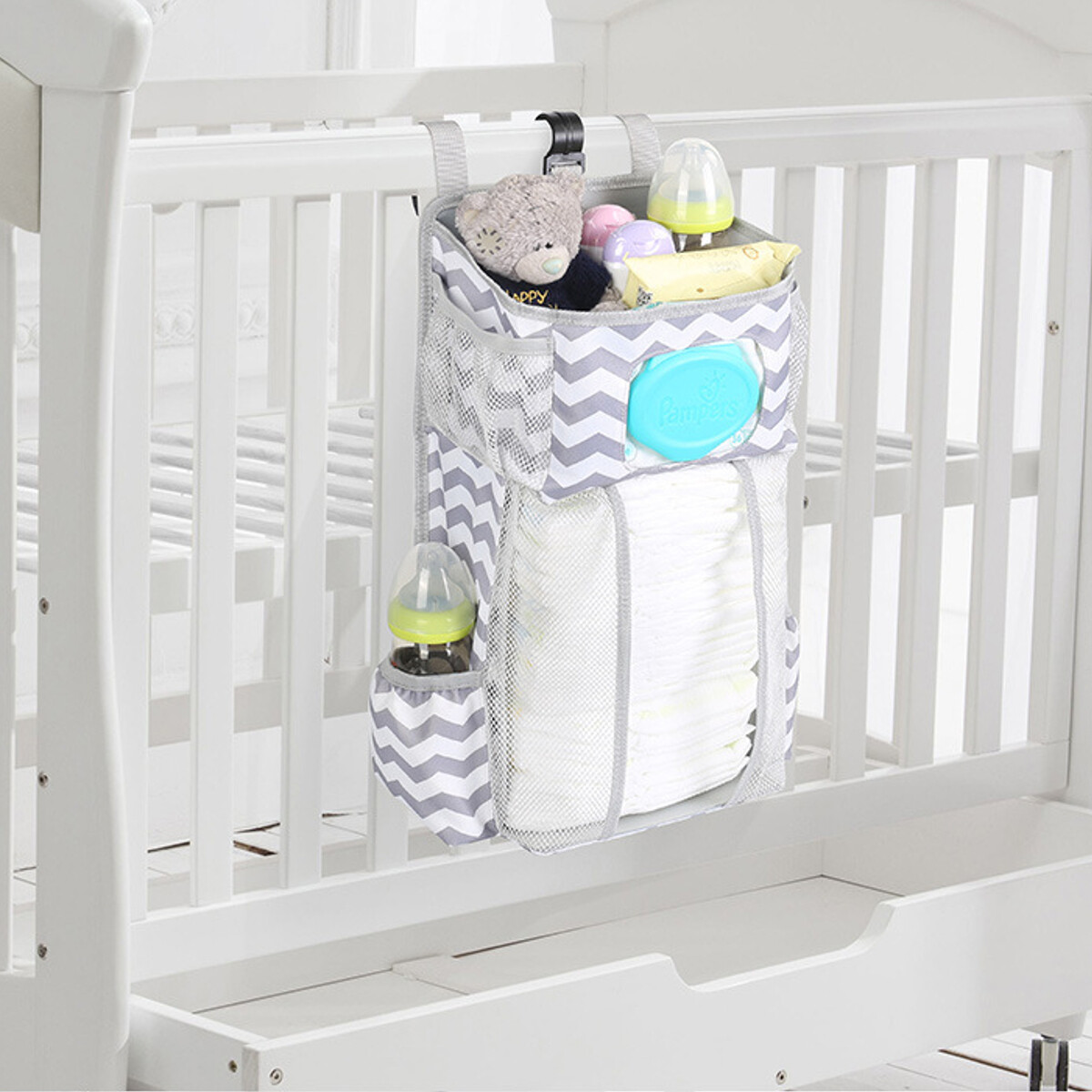 Generic Baby Crib Cot Bed Storage Bag Hanging Pocket Diaper Nappy Clothes Organizer Bag Grey