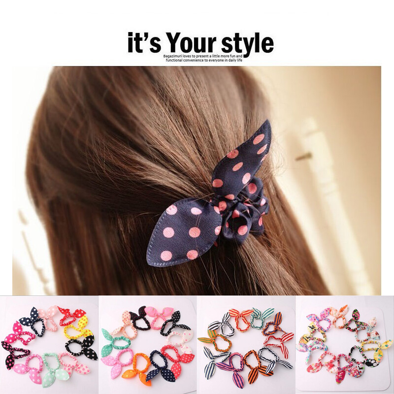 5 cái màu ngẫu nhiên dây buộc tóc của phụ nữ Polka Dot đơn giản cá tính tươi tai thỏ Dây Buộc Tóc Dây Buộc Tóc Băng cao su cô gái hoa dây buộc tóc
