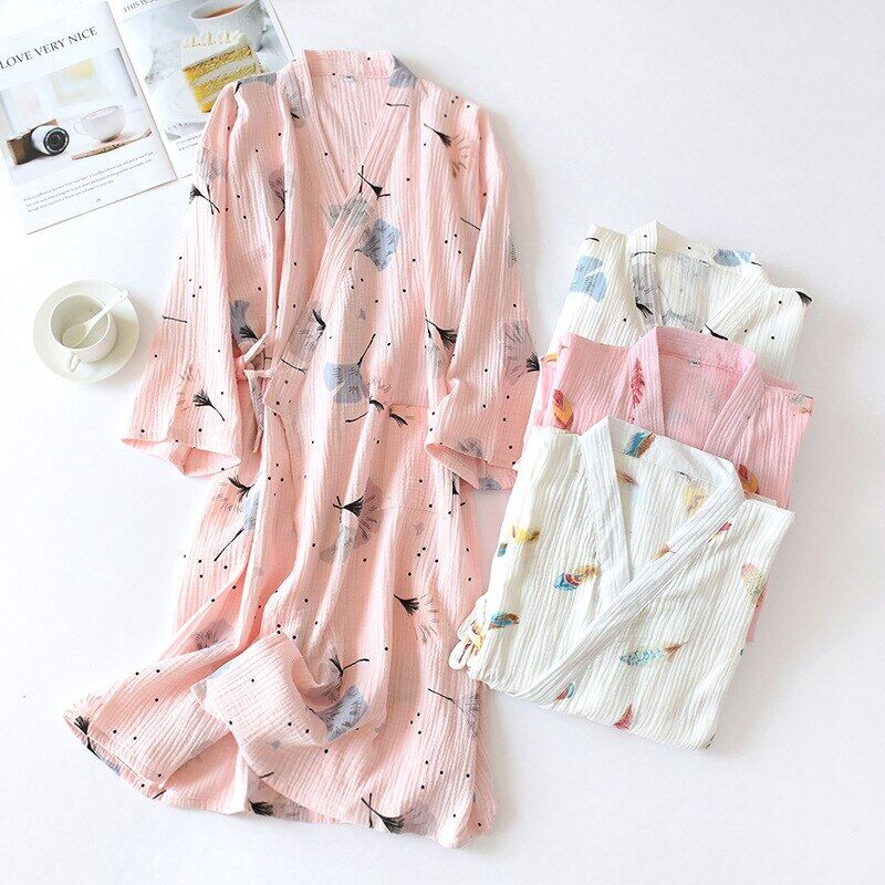 Áo choàng tắm vải xô 100% cotton phong cách nhật bản mùa hè mới áo choàng tắm gia đình dễ thương cho nữ áo choàng kimono dài in hình áo choàng ngủ tại nhà