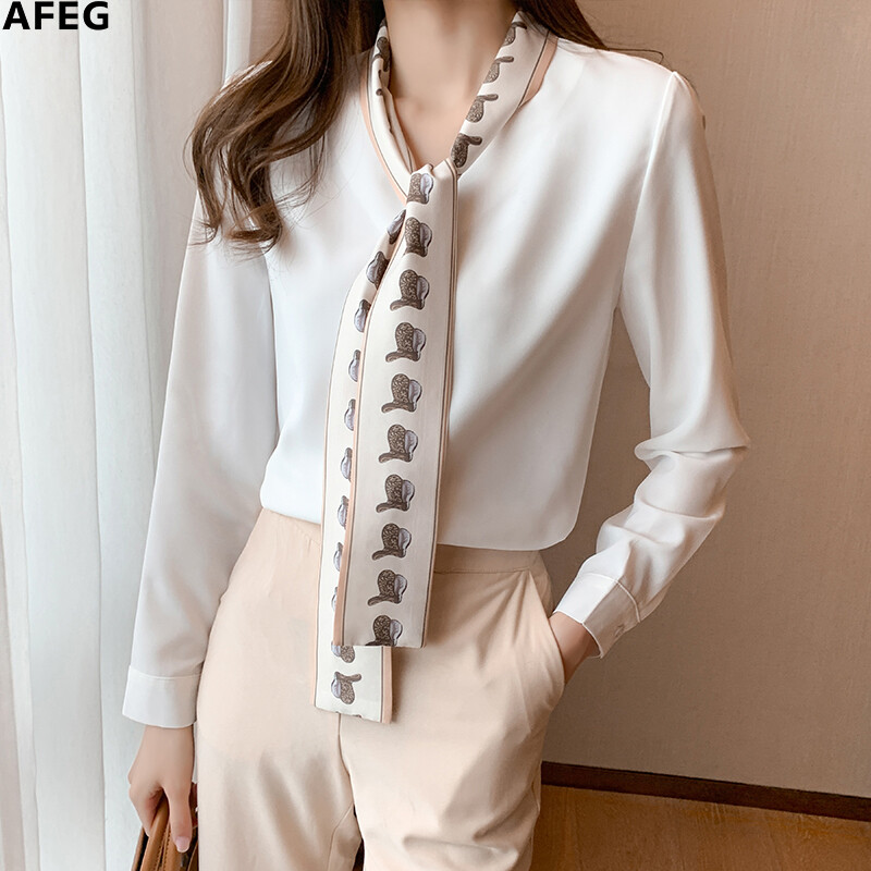 AFEG Nơ Cổ Chữ V Phiên Bản Hàn Quốc Mới Áo Sơ Mi Voan Dài Tay Phối Hợp Thời Trang Đối Với Phụ Nữ