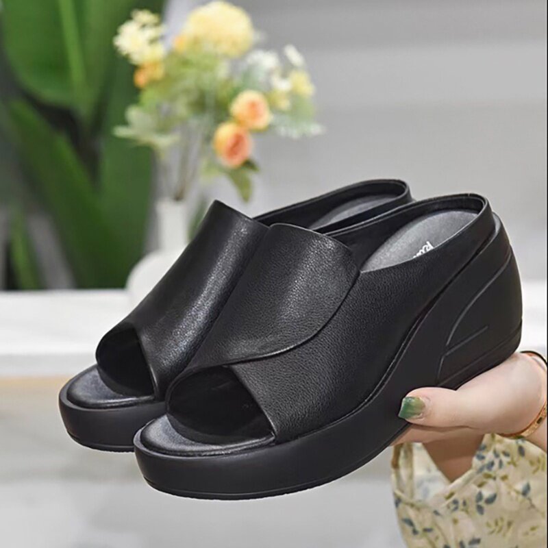 Atikota Giày sandal đế xuồng cho nữ Da sáng chế Thời trang Khí chất Da mềm