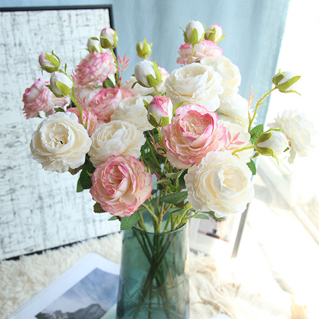 Hoa Mẫu Đơn Màu Trắng Hồng 3 Đầu/Hoa Hồng Nhân Tạo/Hoa Mẫu Đơn Lụa, Nhân Tạo Hoa/ Wedding Vườn Trang Trí/Giả Hoa