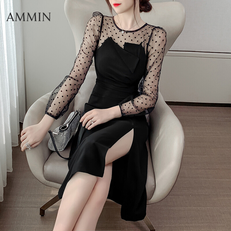 Ammin váy ghép lưới chấm bi mới mùa thu, dành cho nữ, đầm dài tay đầm midi dáng ôm thời trang nữ