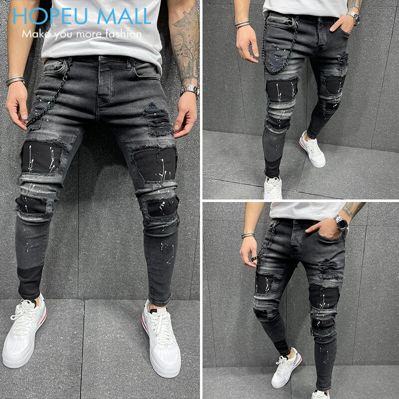 HOPEU Men Jeans Quần Ripped Slim Fit In Vá Quần JEAN Mới Phong Cách Sờn Căng Ra Dài Dồn Nén Cho Nam Giới Biker Jogger Quần Denim Màu Đen 牛仔裤男