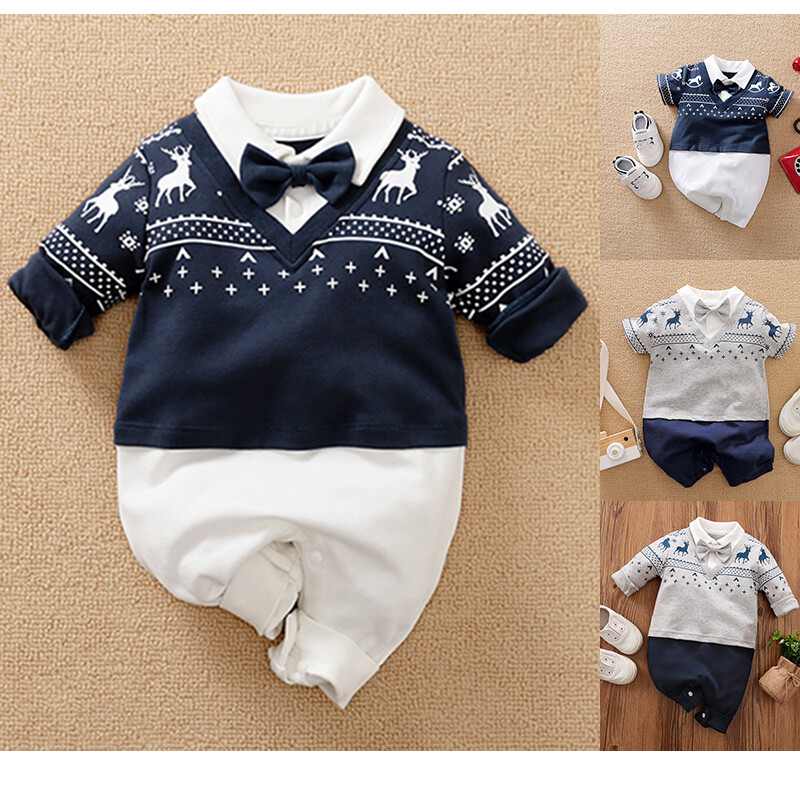 Bé quần áo bộ, áo liền quần dài tay in hình hươu lấp lánh 100% cotton bodysuit quần yếm cho bé trai