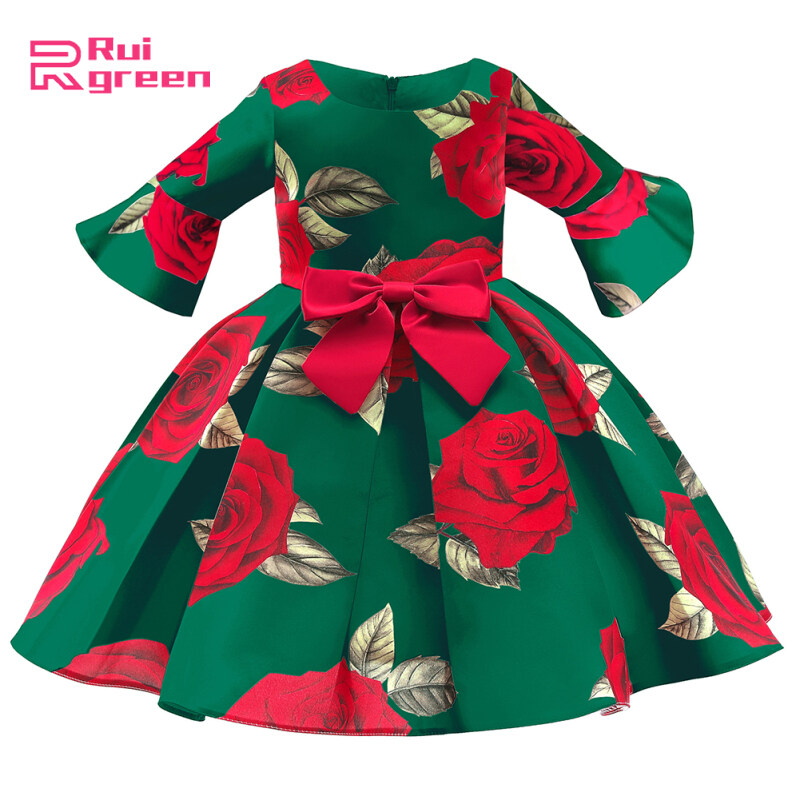 Children Princess Dress Trendy Cute Rose Printing Half Sleeves Skirt For 2