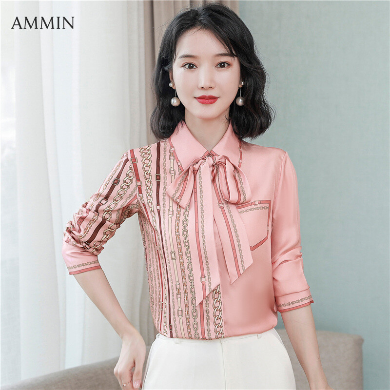 AMMIN Áo Sơ Mi Lụa Có Ve Áo Phong Cách Hàn Quốc Ruy Băng Khăn Lụa Đi Làm Thanh Lịch Áo Cánh Nữ Thời Trang Tay Dài In Họa Tiết Dây Xích Cao Đầu Thu 2021 Mới Áo Nữ