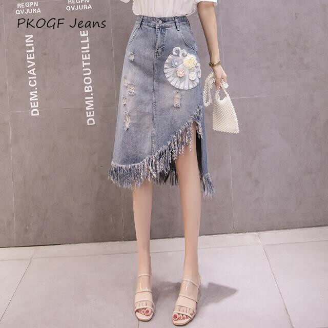 Chân Váy Denim Ngoại Cỡ Mới Váy Bò Cỡ Lớn Thêu Hoa Không Đều Thời Trang Cho Nữ Váy Chữ A Eo Cao Mặc Thường Ngày Ôm Sát