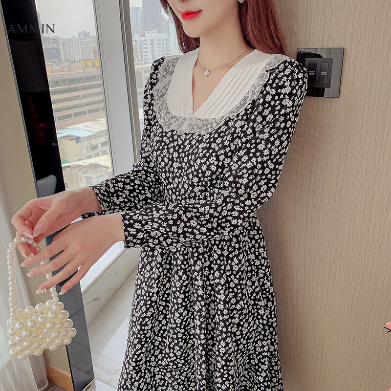 AMMIN Đầm Lửng Phong Cách Pháp Cổ Điển Mùa Xuân Và Mùa Thu Kiểu Hepburn, Đầm Cạp Cao Phối Lưới Hoa Cổ Chữ V Mỏng 2021