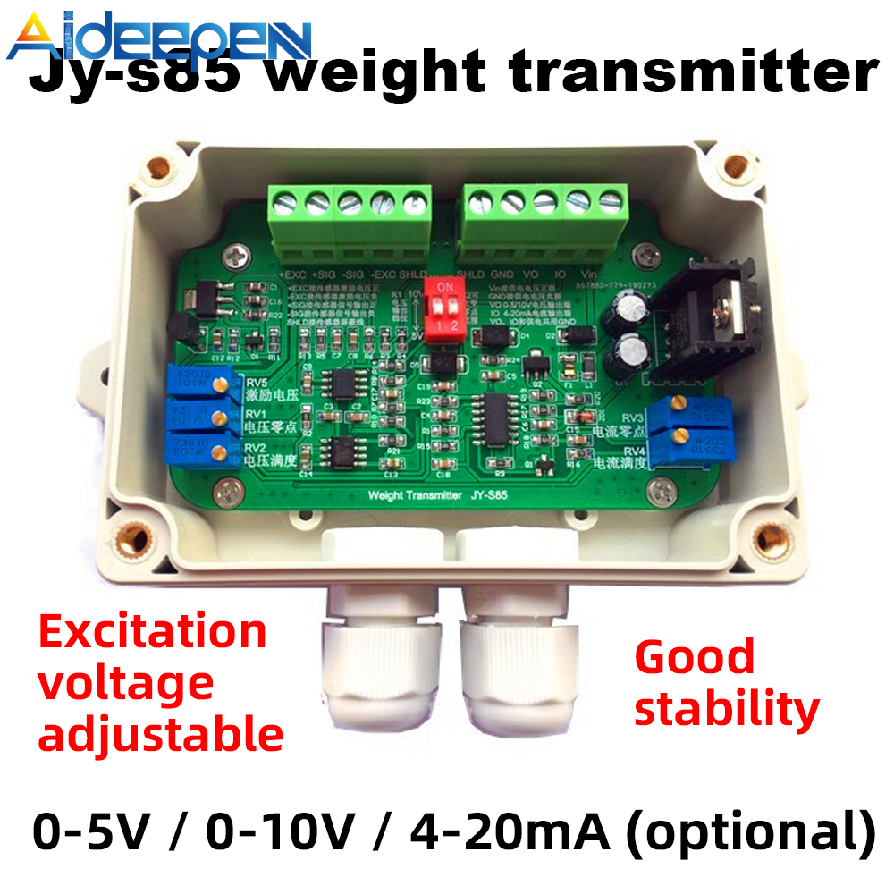 Cảm biến cân aideepen bộ khuếch đại jy-s85 cảm biến lực dòng 4-20ma bộ phát trọng lượng 0v-10v điện áp lái xe 0v-5v có thể điều chỉnh với vỏ bọc