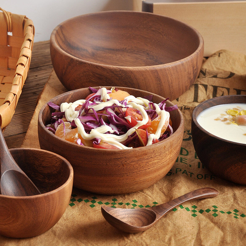 1 cái bát gỗ bát súp cơm bằng gỗ phong cách nhật bản bát salad bát đựng thức ăn cho trẻ em bộ đồ ăn đồ dùng bằng gỗ
