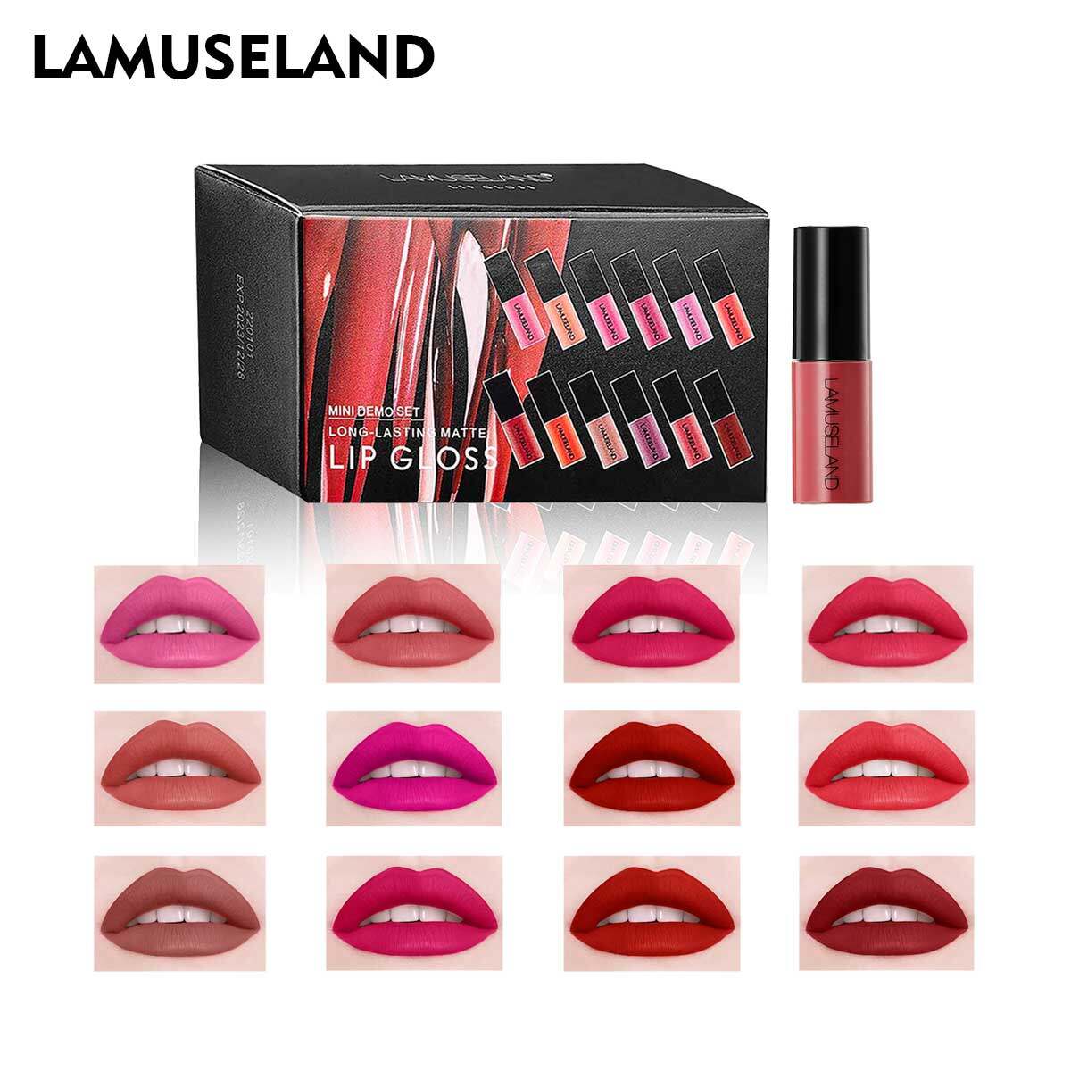 LAMUSELAND 12 Màu/Set Travel Kit Bền Son Matte Mini Lip Gloss # L18L12/LA0007