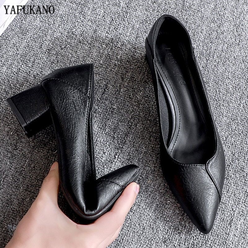 Giày cao gót nữ da mềm thời trang đơn giản giày cao gót vuông giày công sở màu đen gót to 3cm/5cm hàng mới về 2023