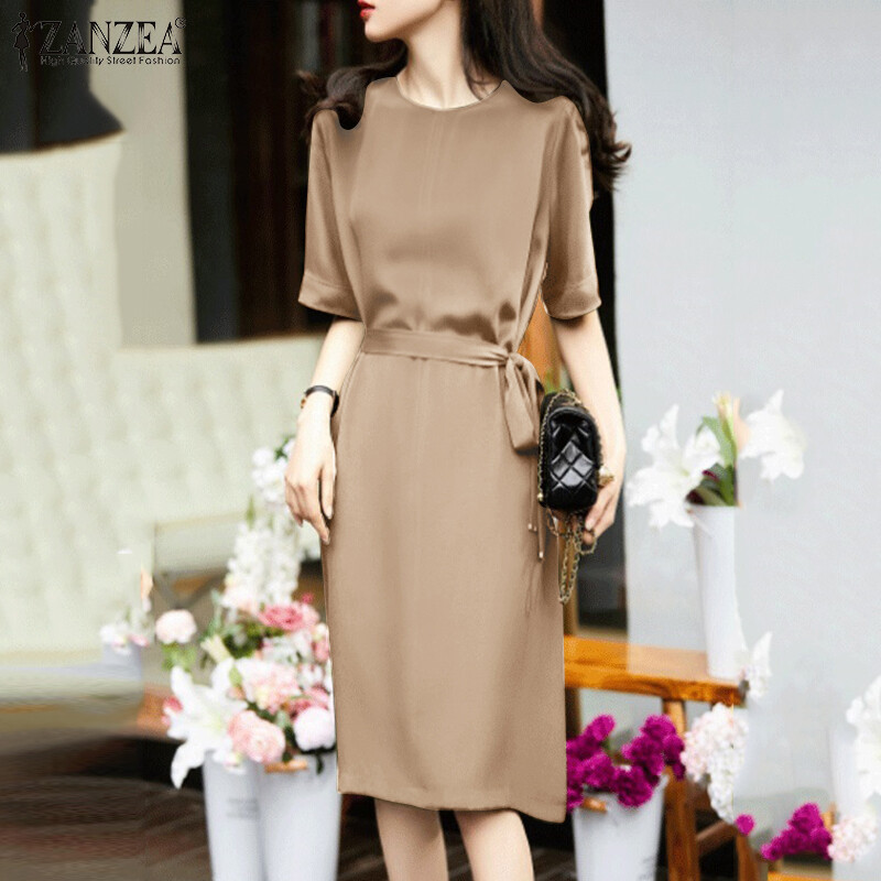 Zanzea đầm sơ mi midi vải satin mềm mịn cho nữ đầm sơ mi dáng dài xẻ tà mùa hè đi club dự tiệc #11