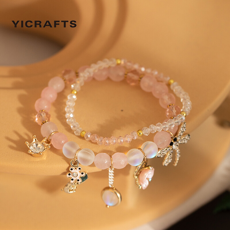 Yicrafts Pha Lê Hạt Màu Hồng Vòng Tay Hạt Charm Phụ Nữ Mỹ Quyến Rũ Vòng Tay Trang Sức