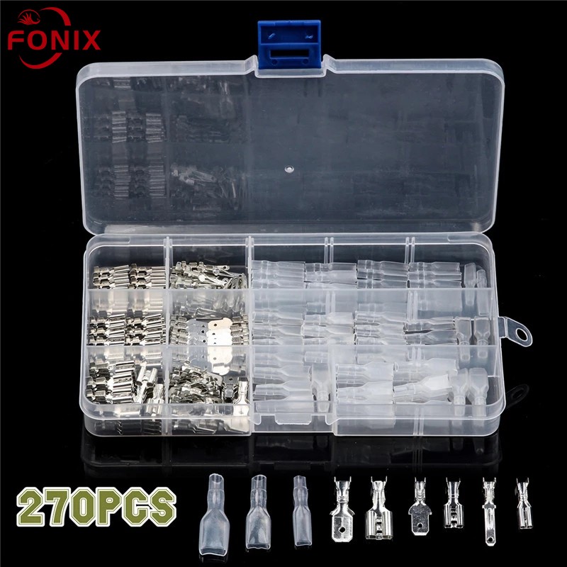 [Hàng Có Sẵn] FONIX 270 Cái Đầu Nối Càng Cua Đực Cái Dây Khối Đầu Cuối Uốn Có Ống Bọc Cách Điện Bộ Phân Loại, 2.8Mm 4.8Mm 6.3Mm