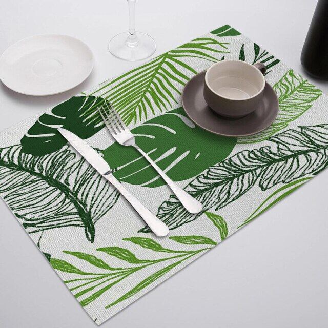 ลายใบไม้เขียว Placemats สำหรับโต๊ะทานอาหารเสื่อใบ Photo แผ่นรองแก้วตกแต่งบ้านร้านอาหารบนโต๊ะอาหารผ้าเช็ดปาก