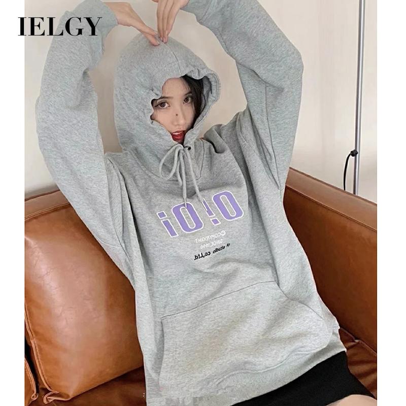 Ielgy áo len mỏng có mũ thêu chữ cho nữ
