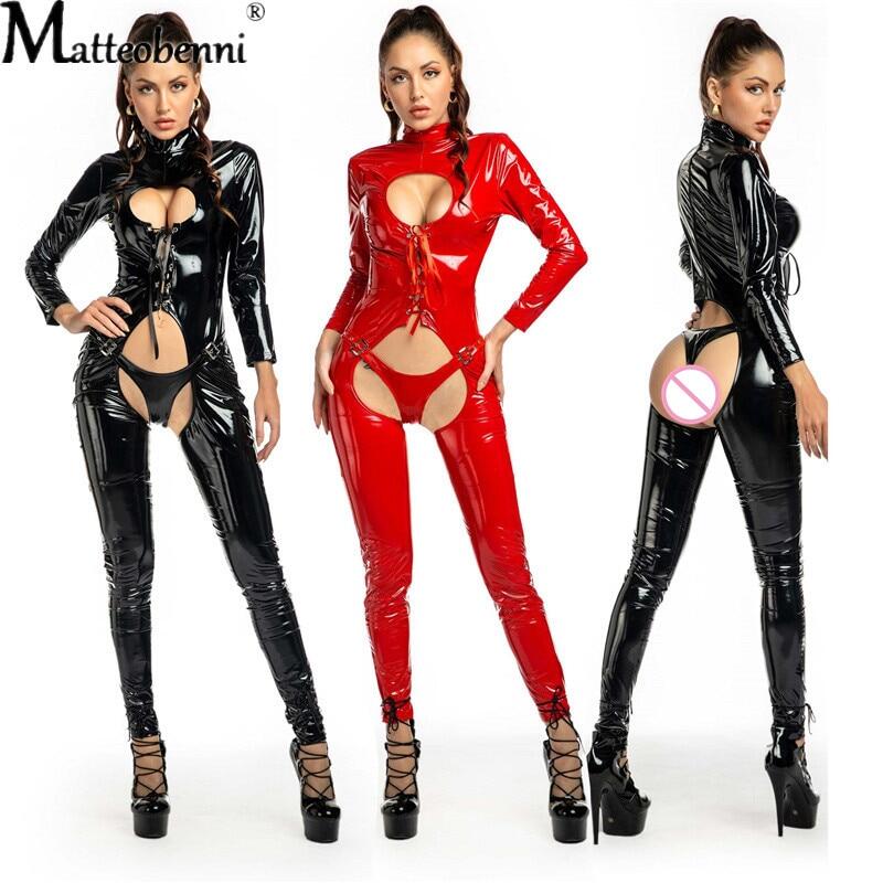 Áo liền quần nữ bằng cao su latex khoét lỗ áo liền quần giả da pvc đồ lót trang phục kỳ lạ nóng bỏng áo liền quần pu áo liền quần đi club