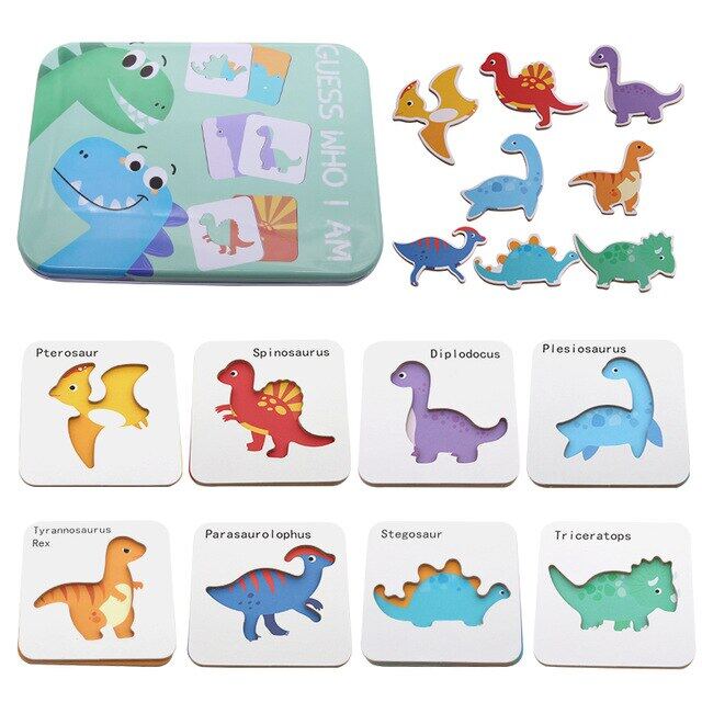 ทารกแรกเกิดรูปแบบไม้สัตว์ไดโนเสาร์ตัวต่อจิกซอว์ที่มีสีสันของเล่นแทนแกรมเด็ก Montessori การศึกษาเรียงลำดับเกมของเล่น