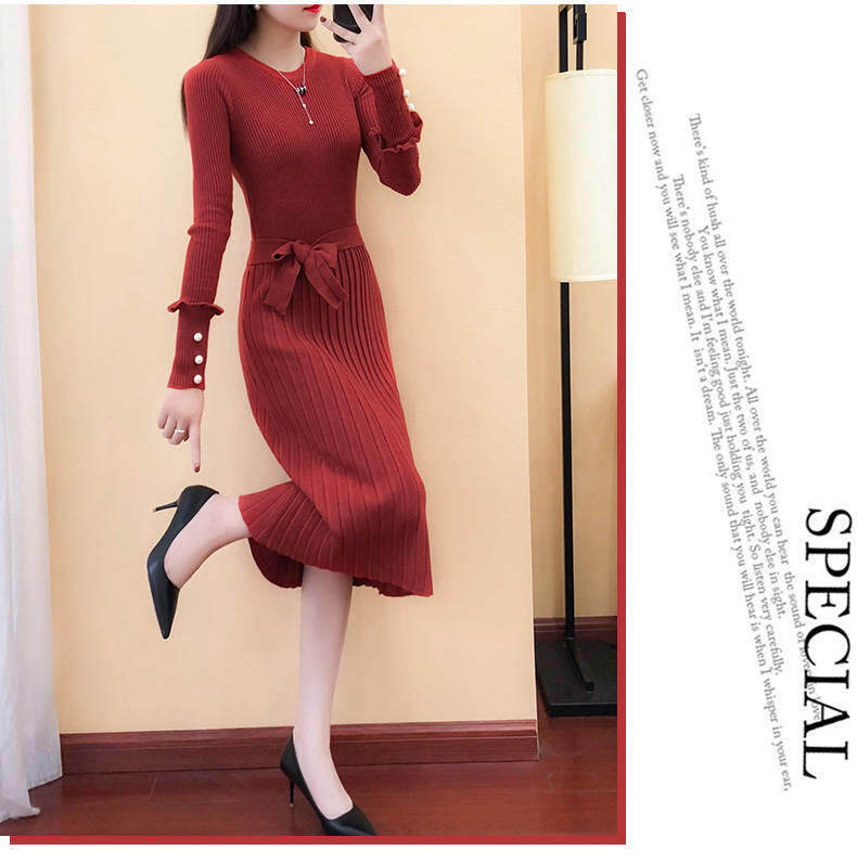 2020 spring new women's long knitted dress long sleeve sweater dress autumn and winter base wool skirt