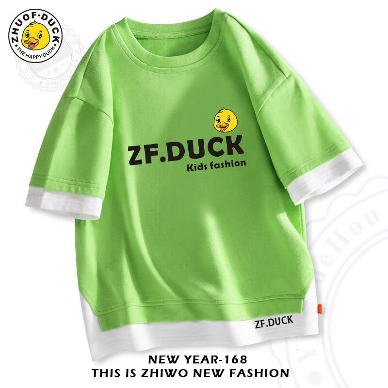 ZF.DUCK Cartoon T-shirt for Boys Girls Children's Summer Short-sleeved Drop-shoulder T-shirt Fake Two Pieces of Clothing Loose Half-sleeve 0000 - 3