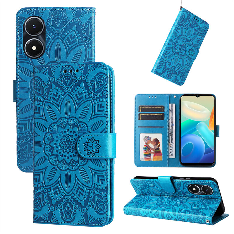 GOKEN Cover Per Vivo Y16 4G – Custodia Flip In PU Pelle E TPU Con Portafoglio, 3 Slot Carte, Portamonete, Supporto Stand E Cordino, Colore Blu