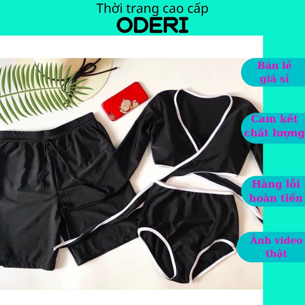 Bikini cuple đôi nam nữ áo chéo tay dài đen viền trắng- quần nam lưng trắng rẻ đẹp oderi53