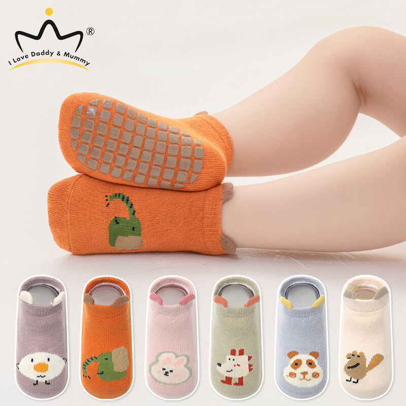 I LOVE DADDY&MUMMY 1-3Y Cartoon Baby Short Socks for Boys Girls Cute Animals Print Infant Toddler Floor Sock Anti-slip Kids Rubber Bottom Socks