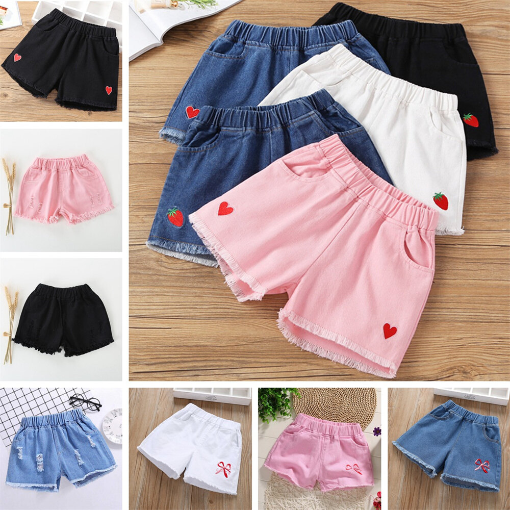 2021 New Teen Girls Shorts Summer Casual Strawberry Denim Shorts Korean Style Children School Jeans Short Pants 3-12Y ราคา 159 บาท*ส่งฟรี