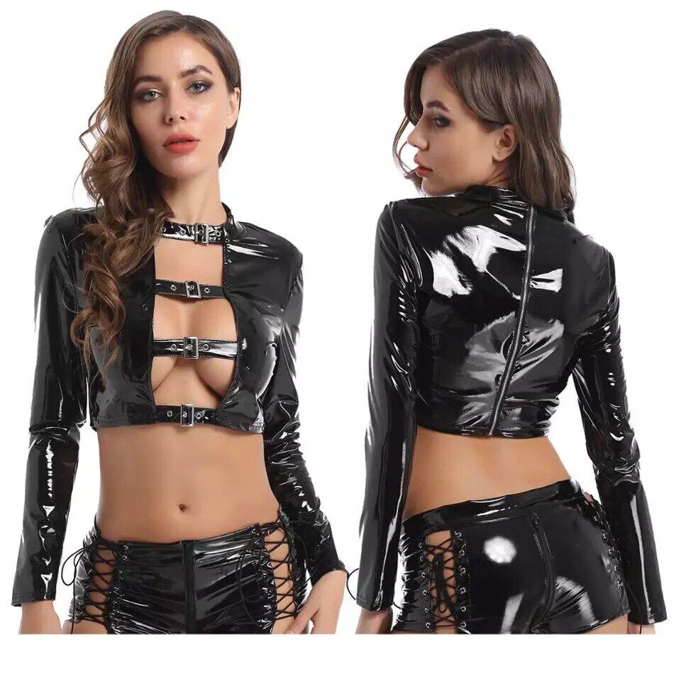 ECTOOKO Women Sexy Wetlook Glossy Leather Lingerie Set Sexy Long Sleeve Strappy Faux Patent Leather Split Two Piece Suit