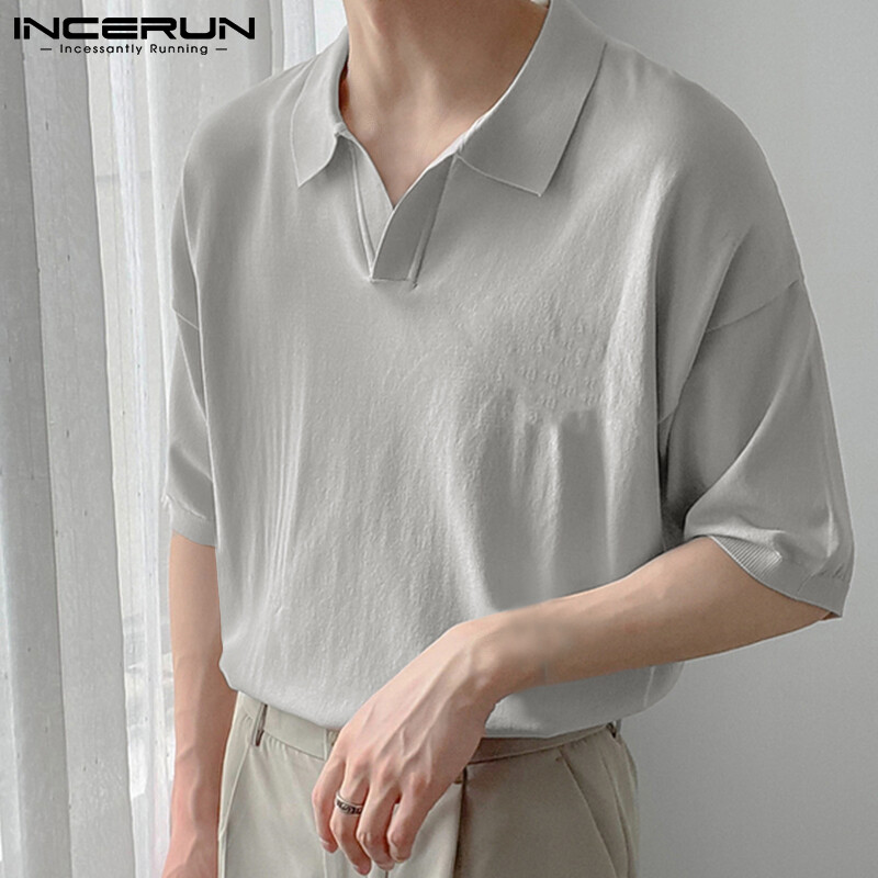 INCERUN Áo Sơ Mi Cổ Đứng Thường Ngày Thông Minh Trang Trọng Tay Ngắn Cho Nam Áo Cánh Vừa Vặn (Phong Cách Hàn Quốc)