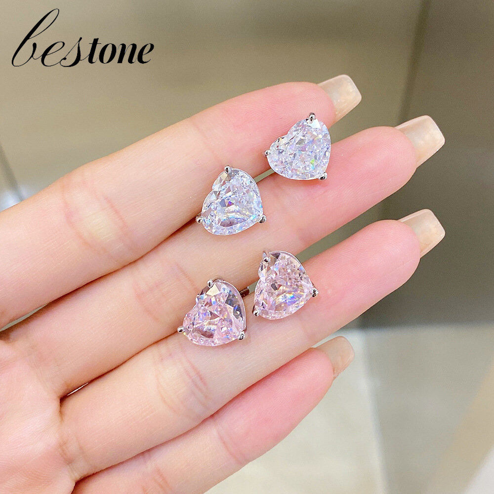 Bestone bông tai trái tim bạc sterling s925 bông tai kim bạc đá zirconium 8a màu hồng kiểu pháp thời trang