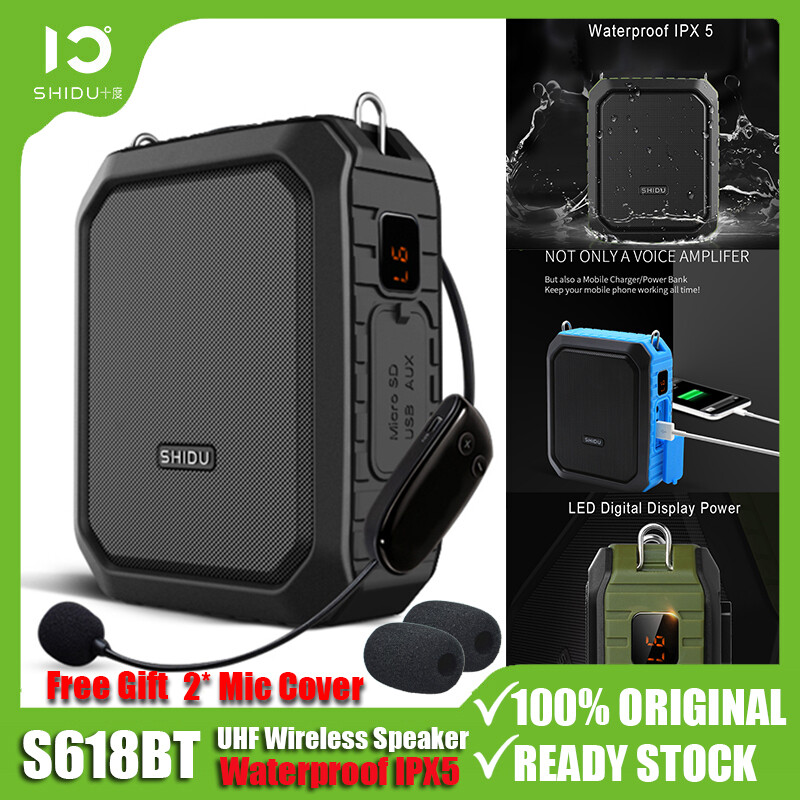 SHIDU S618 UHF เสียงบลูทูธไร้สายลำโพงไร้สายชุดหูฟังไมโครโฟนกันน้ำแบบพกพาลำโพง Megaphone 18W สนับสนุน AUX TF ดิสก์ USB สำหรับกลางแจ้งครูห้องเรียนผู้สูงอายุ Speech Presentation ฯลฯ ราคา 2,302 บาท*ส่งฟรี