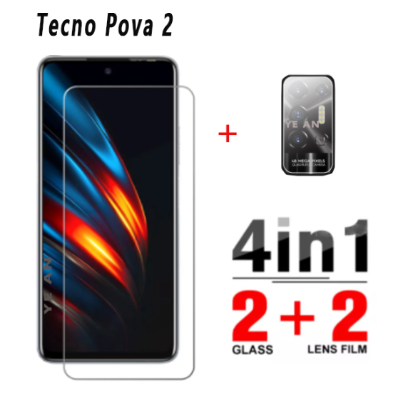 4in1 Kính Cường Lực Độ Nét Cao Trong Suốt Tecno Pova 2 Miếng Bảo Vệ Màn Hình + Miếng Bảo Vệ Ống Kính