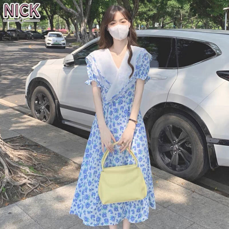 Nick đầm cho nữ đầm xếp ly hoa vỡ đầm chữ a tay phồng kiểu pháp