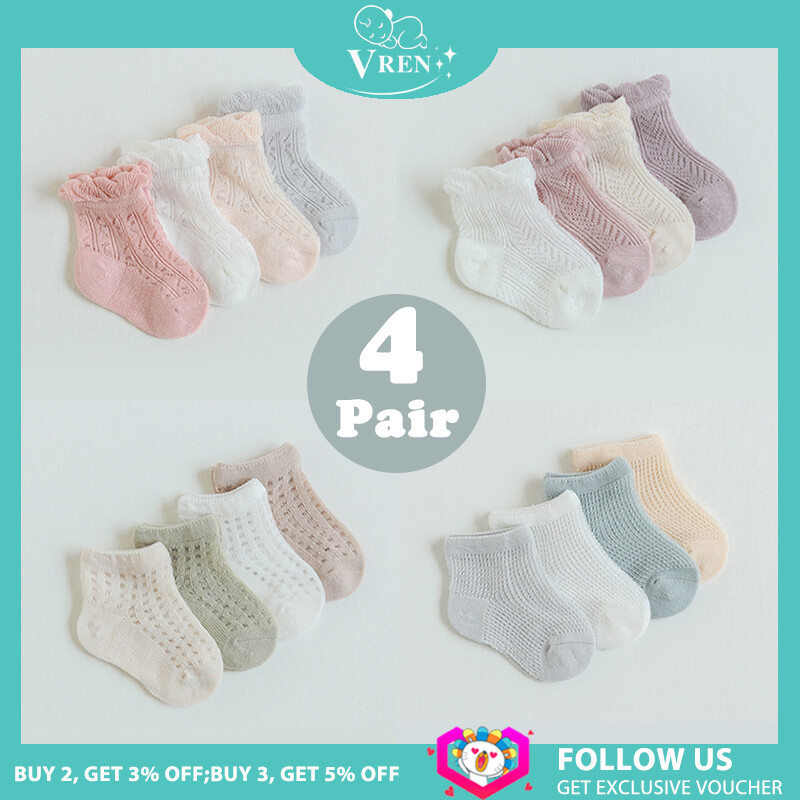 VREN 4 Đôi Tất Chống Muỗi Xuân Hè Cho Em Bé Tất Ngắn Thoáng Khí Dễ Thương Cho Trẻ Tập Đi Tất Lụa Băng Lưới Cotton Cho Trẻ Sơ Sinh