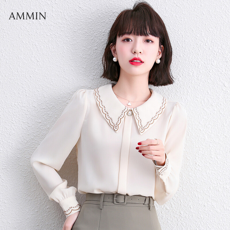 AMMIN Tops 2021 autumn new OL white long-sleeved flower embroidery lapel chiffon shirt women's Korean loose sweet and elegant pearl button lantern sleeve blouse