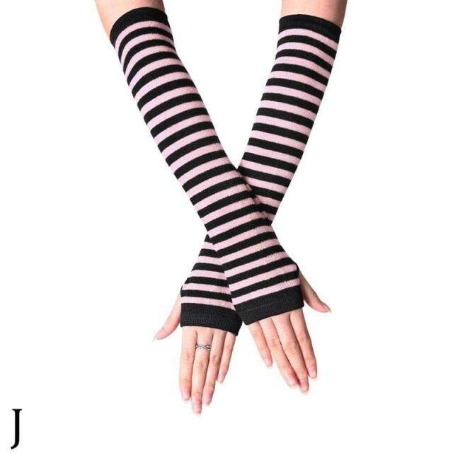 ถุงมือยาวน่ารักสำหรับผู้หญิง,ถุงมือฤดูหนาวแบบไม่มีนิ้วผ้านุ่มแขนยาวลายทางแฟชั่นฤดูใบไม้ร่วงฤดูใบไม้ผลิ