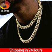 Cliber Hip Hop Miami Curb Cuban Chain Necklace 15mm 30inches Golden Iced Out Paved Rhinestones CZ Bling Rapper Necklaces Men Jewelry