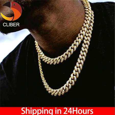 Cliber Hip Hop Miami Curb Cuban Chain Necklace 15mm 30inches Golden Iced Out Paved Rhinestones CZ Bling Rapper Necklaces Men Jewelry